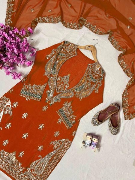 Detailed Work Orange Chinon Sequence Embroidered Work Kurti Pant Set with Blouse And Designer Dupatta Ready To Wear Collection