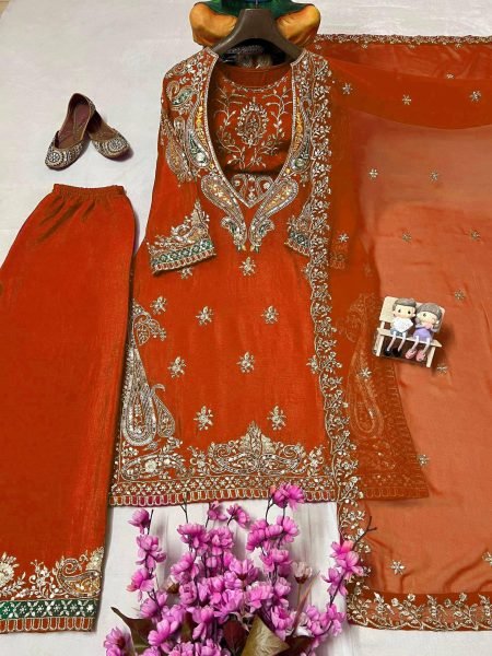Detailed Work Orange Chinon Sequence Embroidered Work Kurti Pant Set with Blouse And Designer Dupatta Ready To Wear Collection