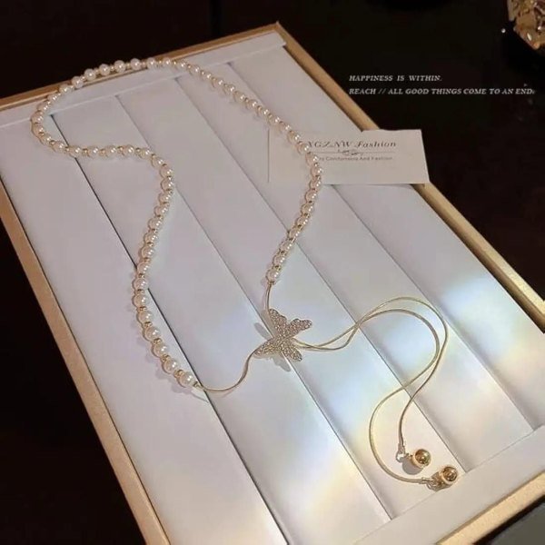 Korean Style Pearl Tie Chain with Butterfly Charm Luxury Everyday Look Fashion Accessories Wholesale