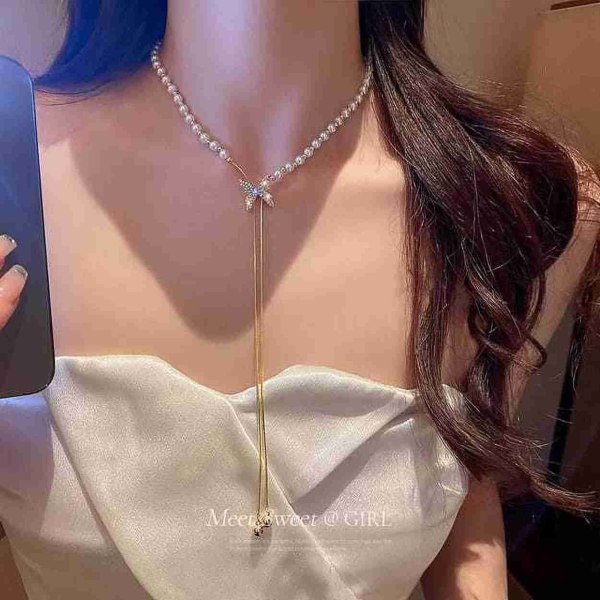 Korean Style Pearl Tie Chain with Butterfly Charm Luxury Everyday Look Fashion Accessories Wholesale