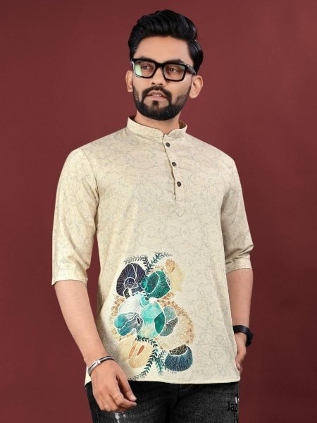 Stylish Jute Cotton Kurta for Men Printed Design with Mandarin Collar  Mens Wear