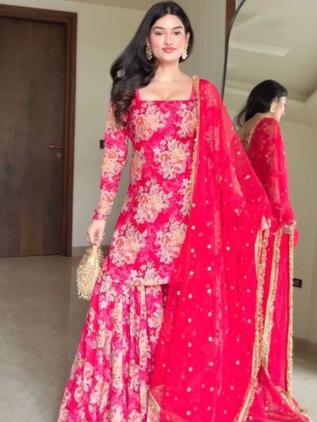 Digital  Pink Floral Printed Georgette Sharara Set Designer Wedding Wear Ready To Wear Suit