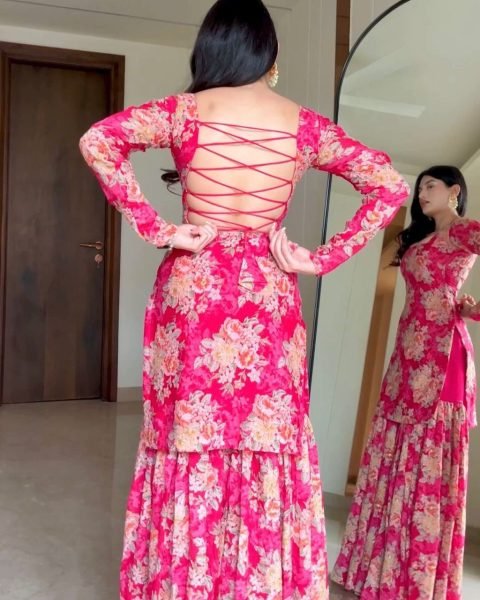 Digital  Pink Floral Printed Georgette Sharara Set Designer Wedding Wear Ready To Wear Collection