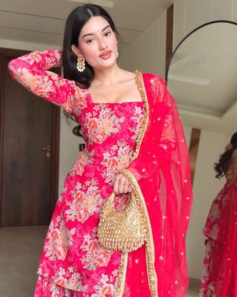 Digital  Pink Floral Printed Georgette Sharara Set Designer Wedding Wear Ready To Wear Collection