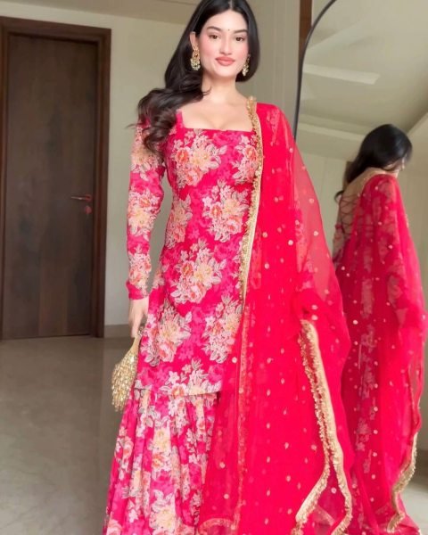 Digital  Pink Floral Printed Georgette Sharara Set Designer Wedding Wear Ready To Wear Collection