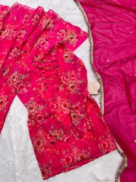 Digital  Pink Floral Printed Georgette Sharara Set Designer Wedding Wear Ready To Wear Collection