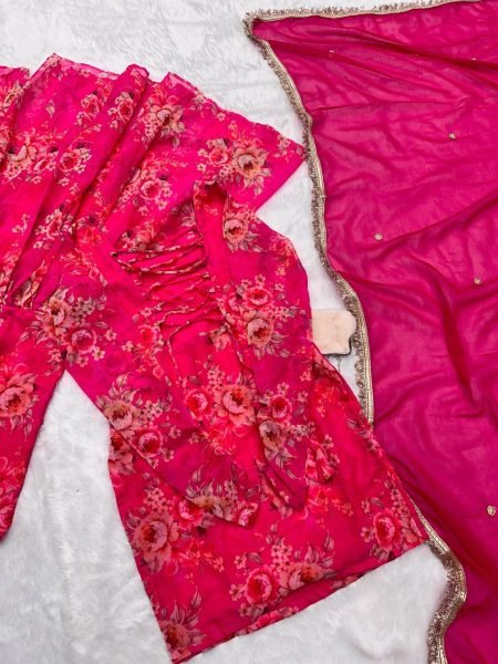 Digital  Pink Floral Printed Georgette Sharara Set Designer Wedding Wear Ready To Wear Collection