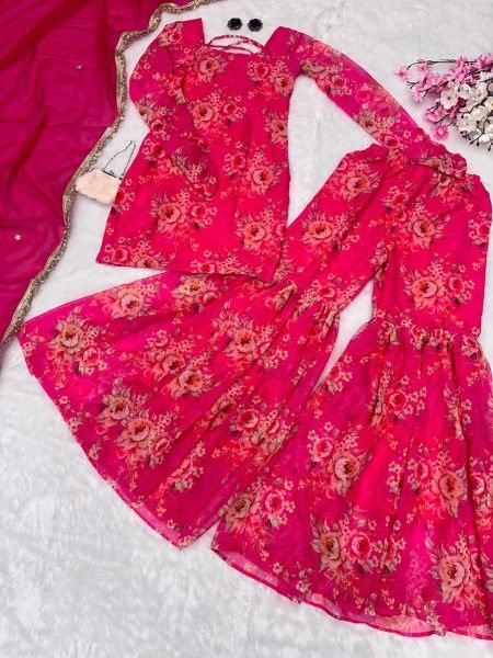 Digital  Pink Floral Printed Georgette Sharara Set Designer Wedding Wear Ready To Wear Collection