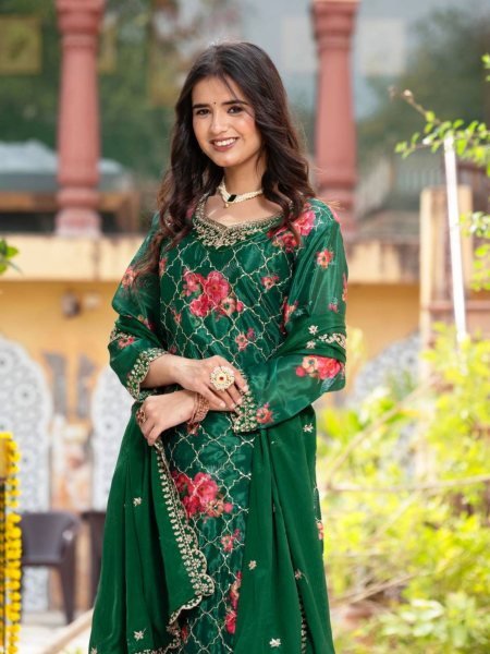  Digital Print   Embroidery Design Chinon Silk Kurti with Plazo   Dupatta for Wedding 