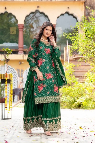  Digital Print   Embroidery Design Chinon Silk Kurti with Plazo   Dupatta for Wedding Ready To Wear Collection