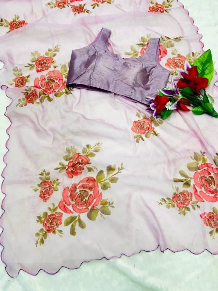 Digital Print Light Purple Saree Orgenza Saree Wholesale Price  Organza Sarees Wholesale