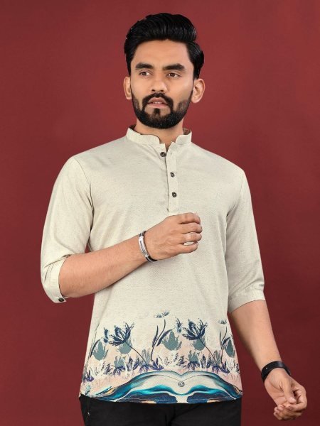 Digital Printed Jute Cotton Kurta with Wooden Button Detail Mens Wear
