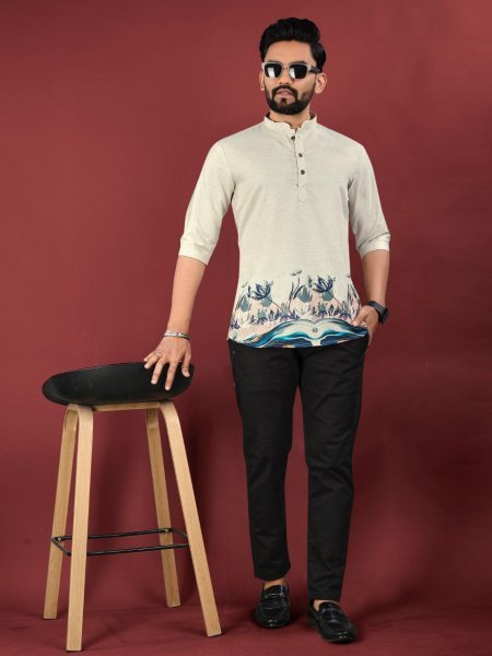 Digital Printed Jute Cotton Kurta with Wooden Button Detail Mens Short Kurta