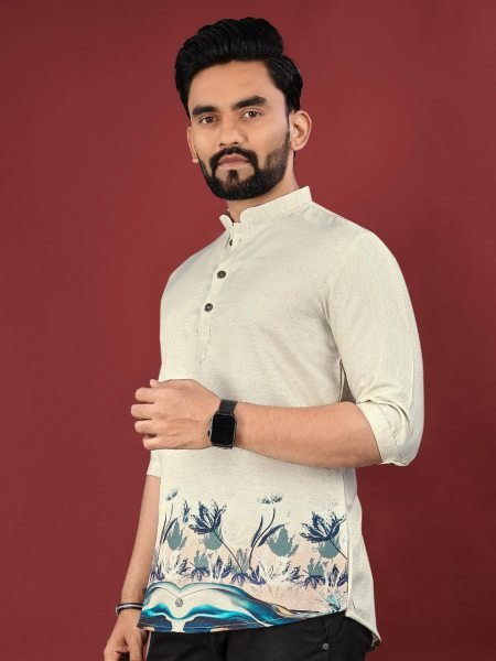 Digital Printed Jute Cotton Kurta with Wooden Button Detail Mens Short Kurta