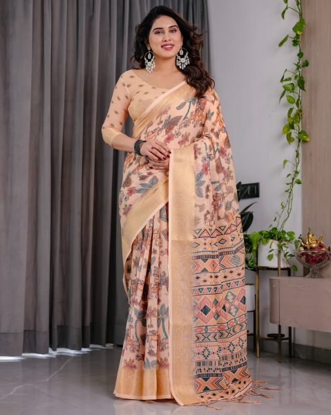 Digital Printed Linen Saree with Zari Border and Tassels Export Quality Printed Cotton Sarees Wholesale