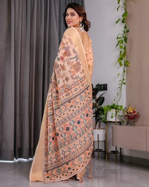 Digital Printed Linen Saree with Zari Border and Tassels Export Quality Printed Cotton Sarees Wholesale