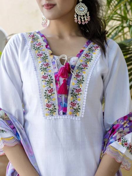 Dipawali Special Off White Embroidered Chanderi Suit Set at Wholesale Rate  Straight Cut Long Kurtis