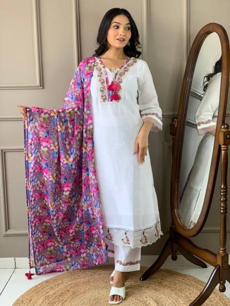 Dipawali Special Off White Embroidered Chanderi Suit Set at Wholesale Rate  Straight Cut Long Kurtis