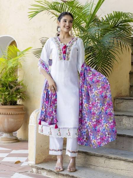 Dipawali Special Off White Embroidered Chanderi Suit Set at Wholesale Rate  Straight Cut Long Kurtis