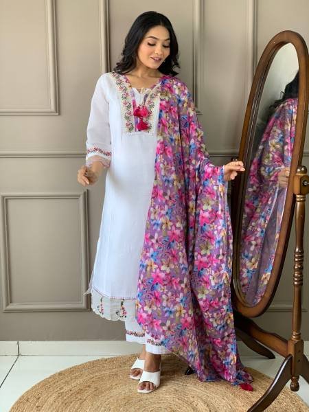 Dipawali Special Off White Embroidered Chanderi Suit Set at Wholesale Rate  Straight Cut Long Kurtis