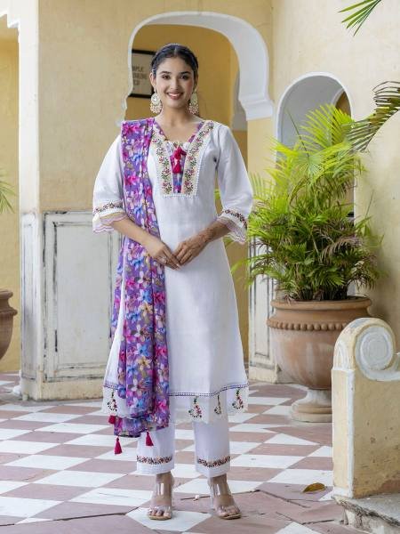 Dipawali Special Off White Embroidered Chanderi Suit Set at Wholesale Rate  Straight Cut Long Kurtis
