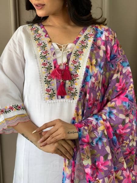 Dipawali Special Off White Embroidered Chanderi Suit Set at Wholesale Rate  Straight Cut Long Kurtis