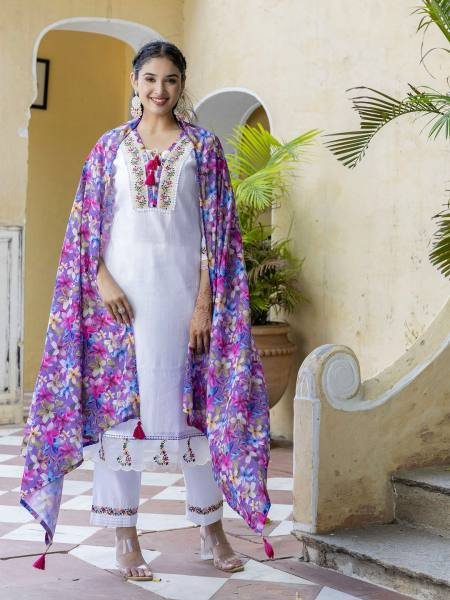 Dipawali Special Off White Embroidered Chanderi Suit Set at Wholesale Rate  Straight Cut Long Kurtis