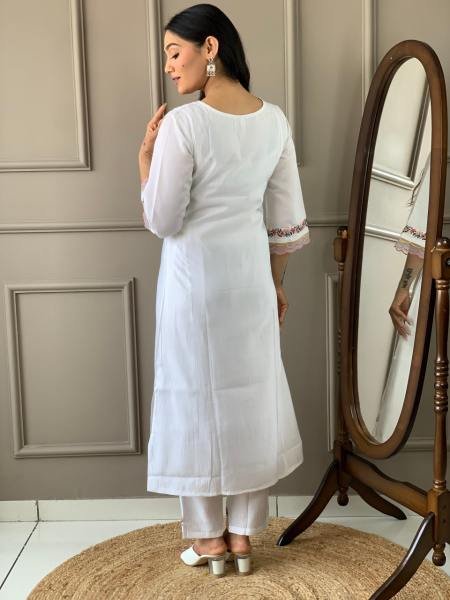 Dipawali Special Off White Embroidered Chanderi Suit Set at Wholesale Rate  Straight Cut Long Kurtis