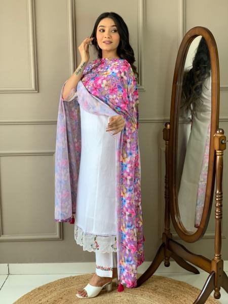 Dipawali Special Off White Embroidered Chanderi Suit Set at Wholesale Rate  Straight Cut Long Kurtis