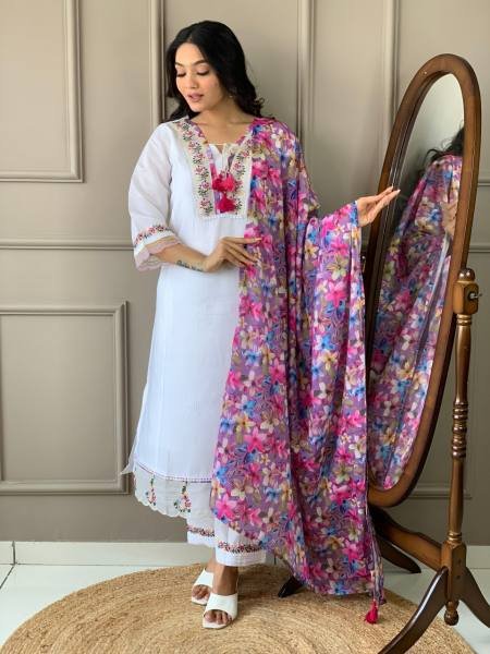 Dipawali Special Off White Embroidered Chanderi Suit Set at Wholesale Rate  Straight Cut Long Kurtis