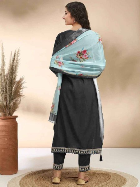 Distinctive Black Kids Cotton Kurti Pant Dupatta Set with Embroidery Work For Special Occasions  Girls Wear
