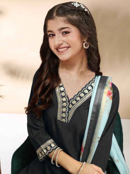 Distinctive Black Kids Cotton Kurti Pant Dupatta Set with Embroidery Work For Special Occasions  Girls Wear