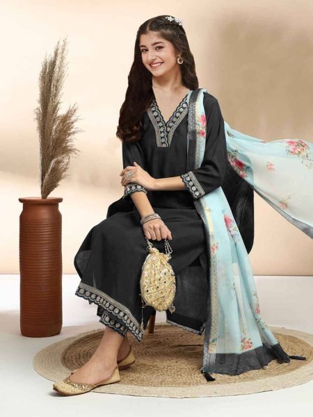 Distinctive Black Kids Cotton Kurti Pant Dupatta Set with Embroidery Work For Special Occasions  Girls Wear