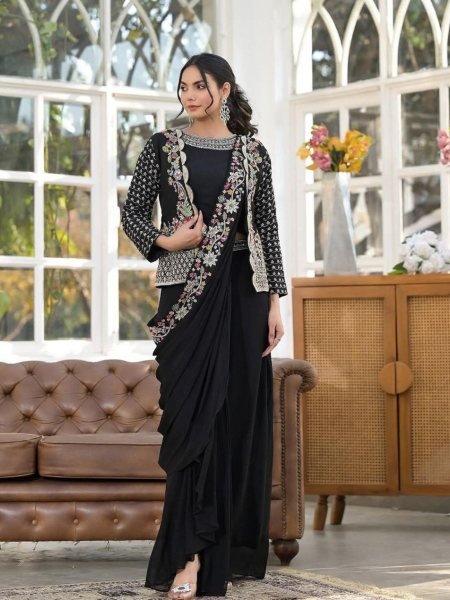 Distinctive Black Premium Heavy Chinon Sarara Set with Embroidered Banglori Koti at wholesale Rate Sarees 