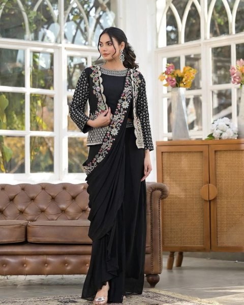 Distinctive Black Premium Heavy Chinon SareeSet with Embroidered Banglori Koti at wholesale Rate Ready To Wear Saree 