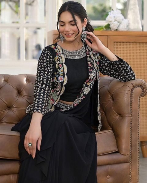 Distinctive Black Premium Heavy Chinon SareeSet with Embroidered Banglori Koti at wholesale Rate Ready To Wear Saree 