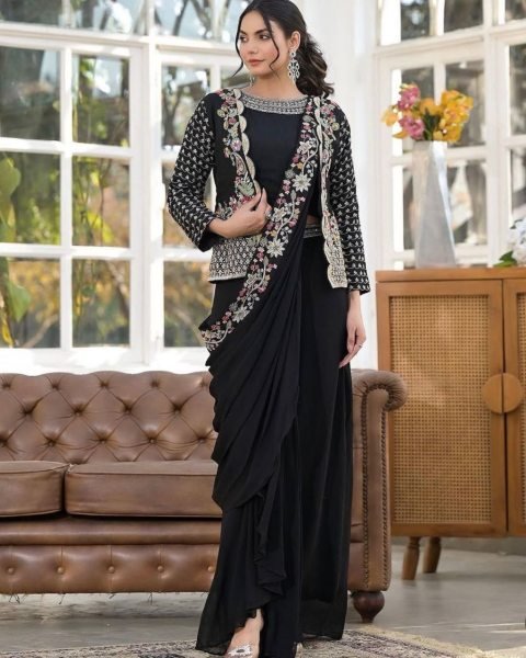 Distinctive Black Premium Heavy Chinon SareeSet with Embroidered Banglori Koti at wholesale Rate Ready To Wear Saree 