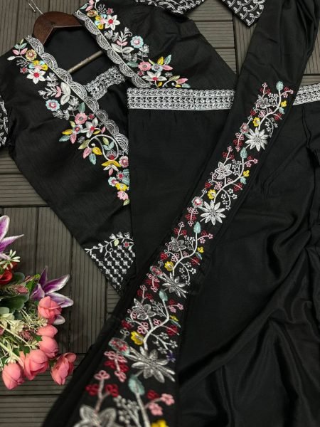 Distinctive Black Premium Heavy Chinon SareeSet with Embroidered Banglori Koti at wholesale Rate Ready To Wear Saree 