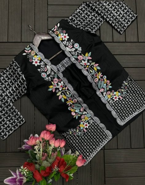 Distinctive Black Premium Heavy Chinon SareeSet with Embroidered Banglori Koti at wholesale Rate Ready To Wear Saree 