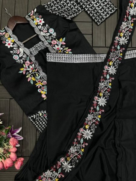 Distinctive Black Premium Heavy Chinon SareeSet with Embroidered Banglori Koti at wholesale Rate Ready To Wear Saree 