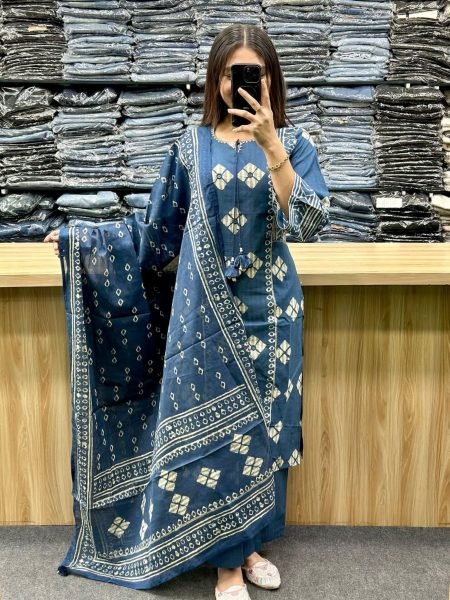Distinctive Blue Cotton Kurti Pant Dupatta Set with Hand Work for Summer Wear Kurtis