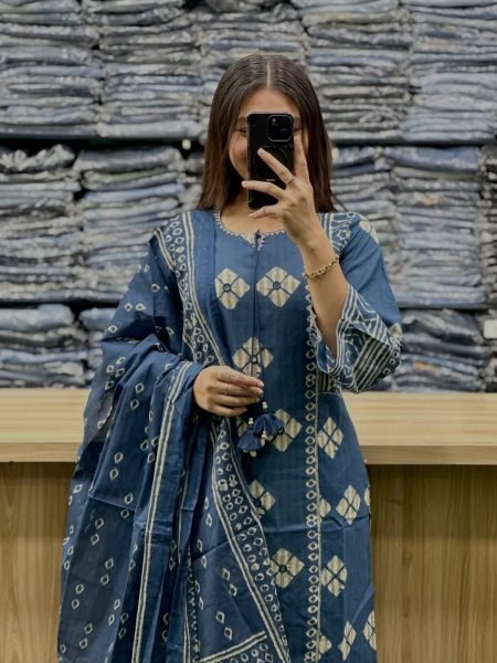 Distinctive Blue Cotton Kurti Pant Dupatta Set with Hand Work for Summer Wear Cotton Kurtis Wholesale