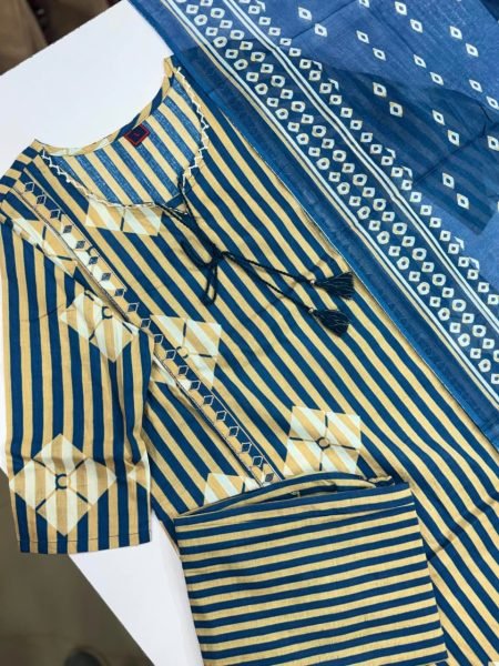 Distinctive Blue Cotton Kurti Pant Dupatta Set with Hand Work for Summer Wear Cotton Kurtis Wholesale