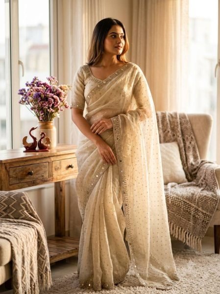 Distinctive Cream Designer NC Moss Butti Saree with Jarkhan Diamond Work for Festival Designer Wedding Sarees Wholesale