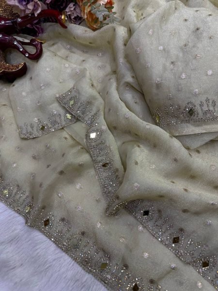 Distinctive Cream Designer NC Moss Butti Saree with Jarkhan Diamond Work for Festival Designer Wedding Sarees Wholesale