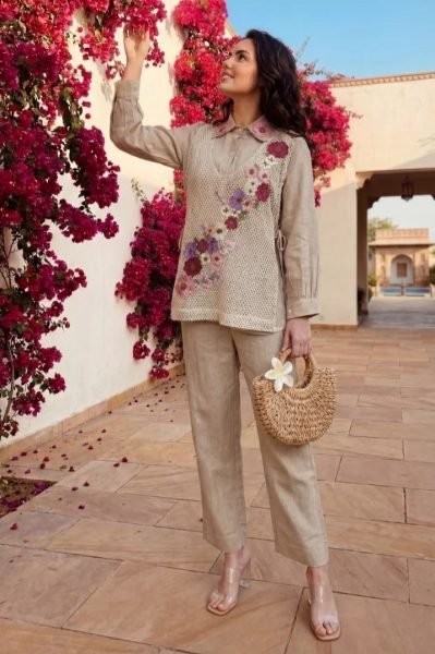 Distinctive Cream Swiss Cotton Koti with Embroidered Crochet Work at Wholesale Rate CO ORD Sets