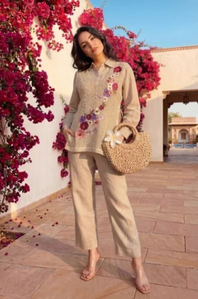 Distinctive Cream Swiss Cotton Koti with Embroidered Crochet Work at Wholesale Rate CO ORD Sets