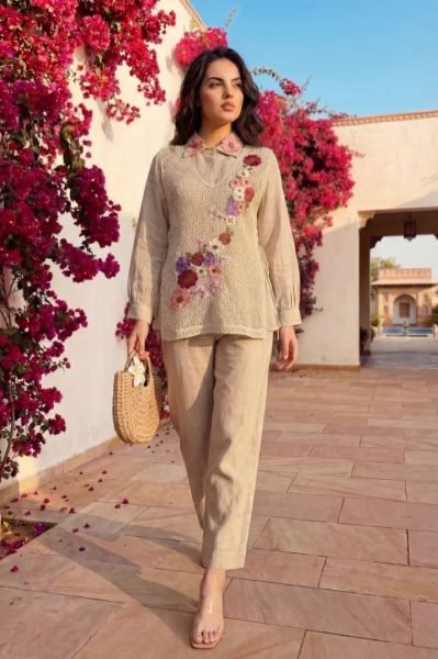 Distinctive Cream Swiss Cotton Koti with Embroidered Crochet Work at Wholesale Rate CO ORD Sets
