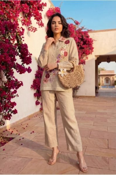 Distinctive Cream Swiss Cotton Koti with Embroidered Crochet Work at Wholesale Rate CO ORD Sets