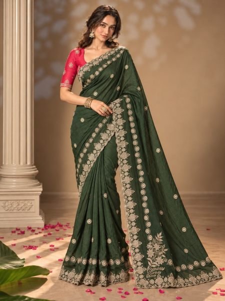 Distinctive Green Chinon Silk Saree with C Pallu Embroidery and Blouse for Wedding Sarees 